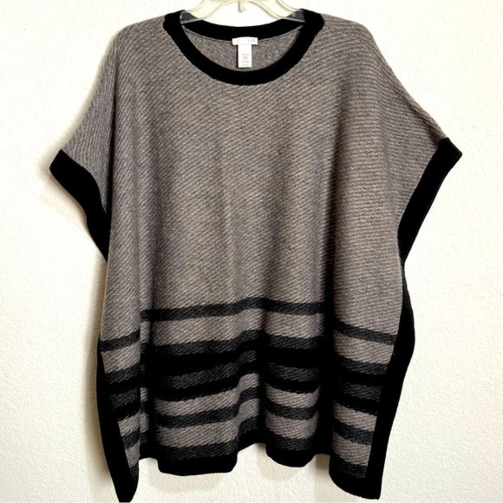J. Jill Grey Black Striped Wool Blend Poncho Pullover Sweater Pockets One Size